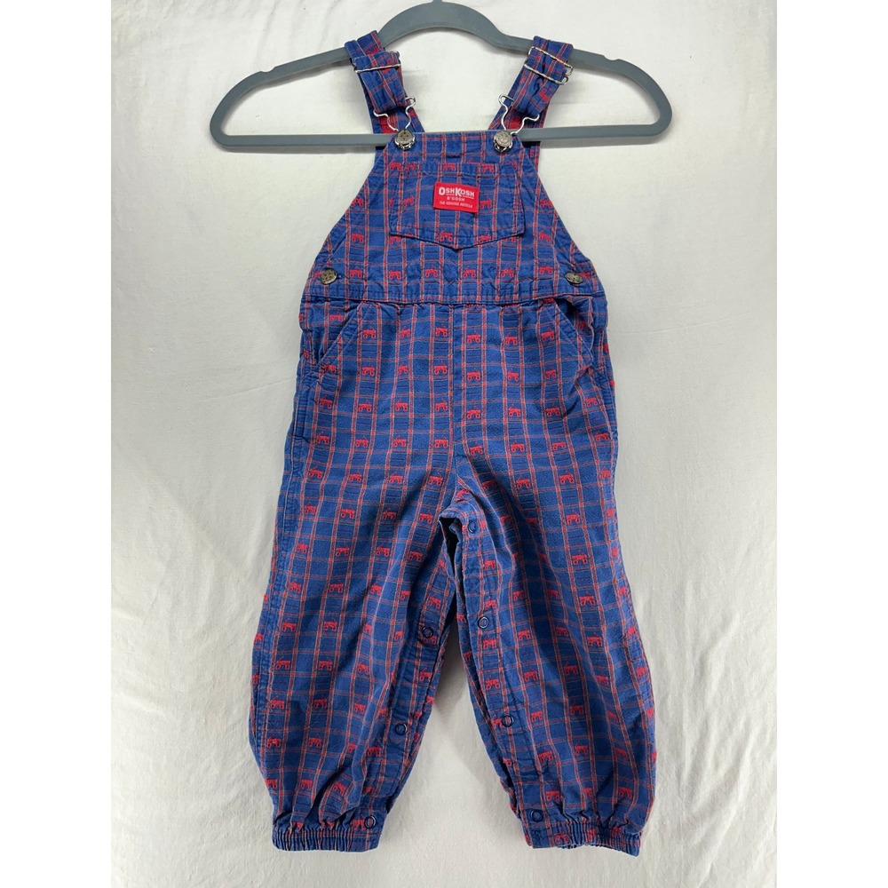 Vintage OshKosh Bgosh Kids 3T‎ Blue Plaid Red Tractor Vestbak Overalls Made USA